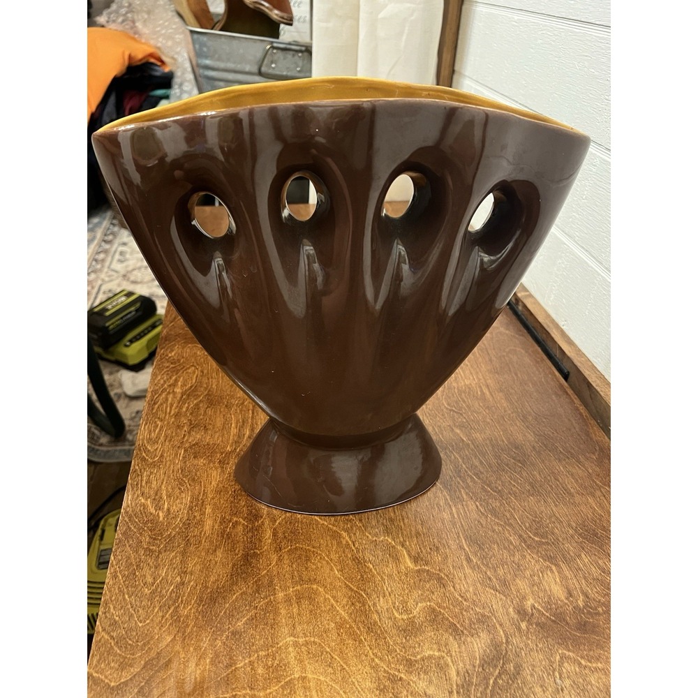 Red Wing Art Pottery Brown Fan Vase Yellow Interior EUC